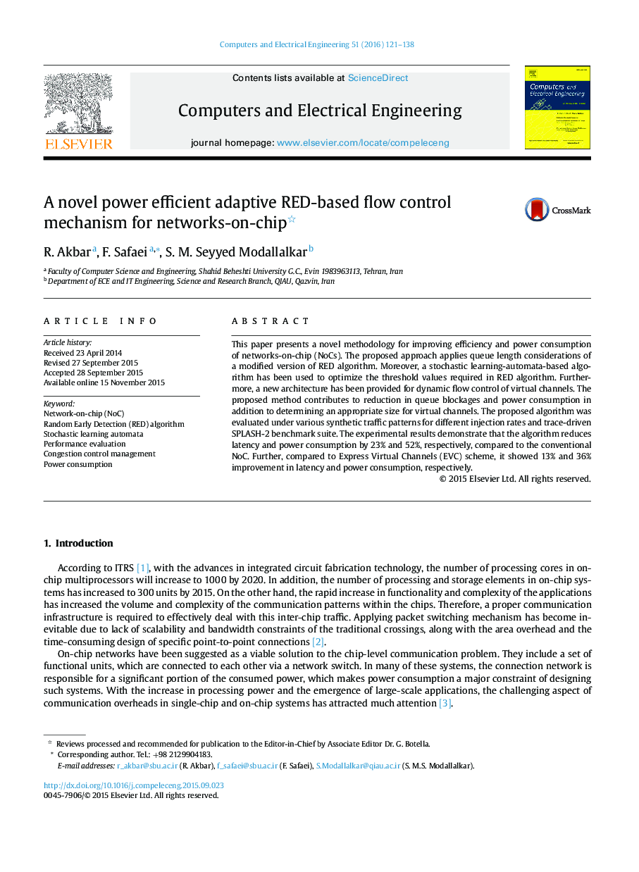 A novel power efficient adaptive RED-based flow control mechanism for networks-on-chip 