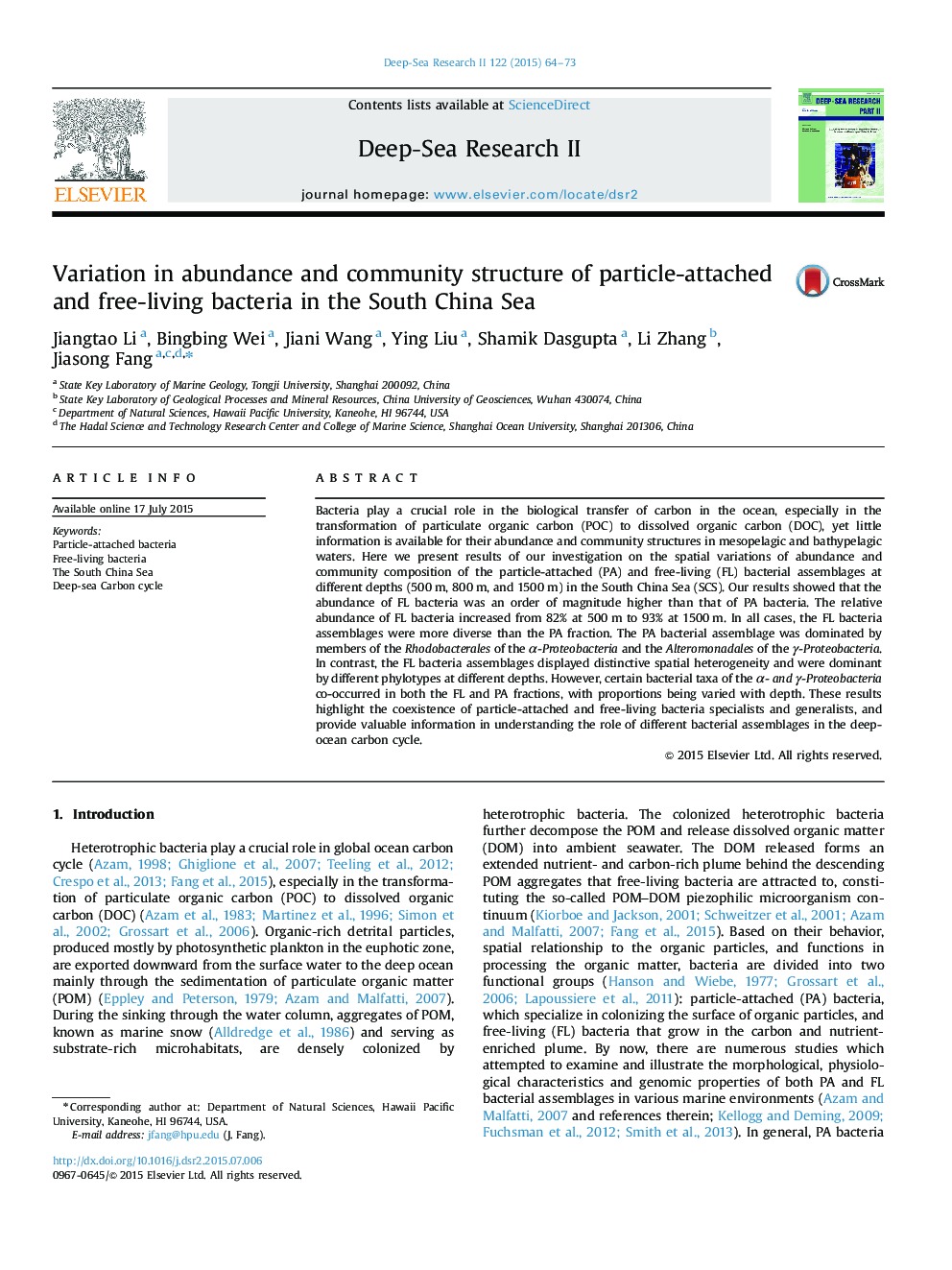 Variation in abundance and community structure of particle-attached and free-living bacteria in the South China Sea