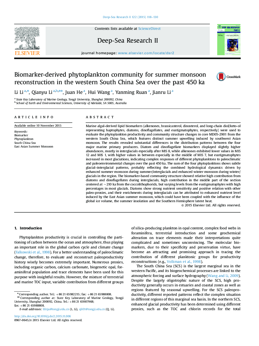 Biomarker-derived phytoplankton community for summer monsoon reconstruction in the western South China Sea over the past 450 ka