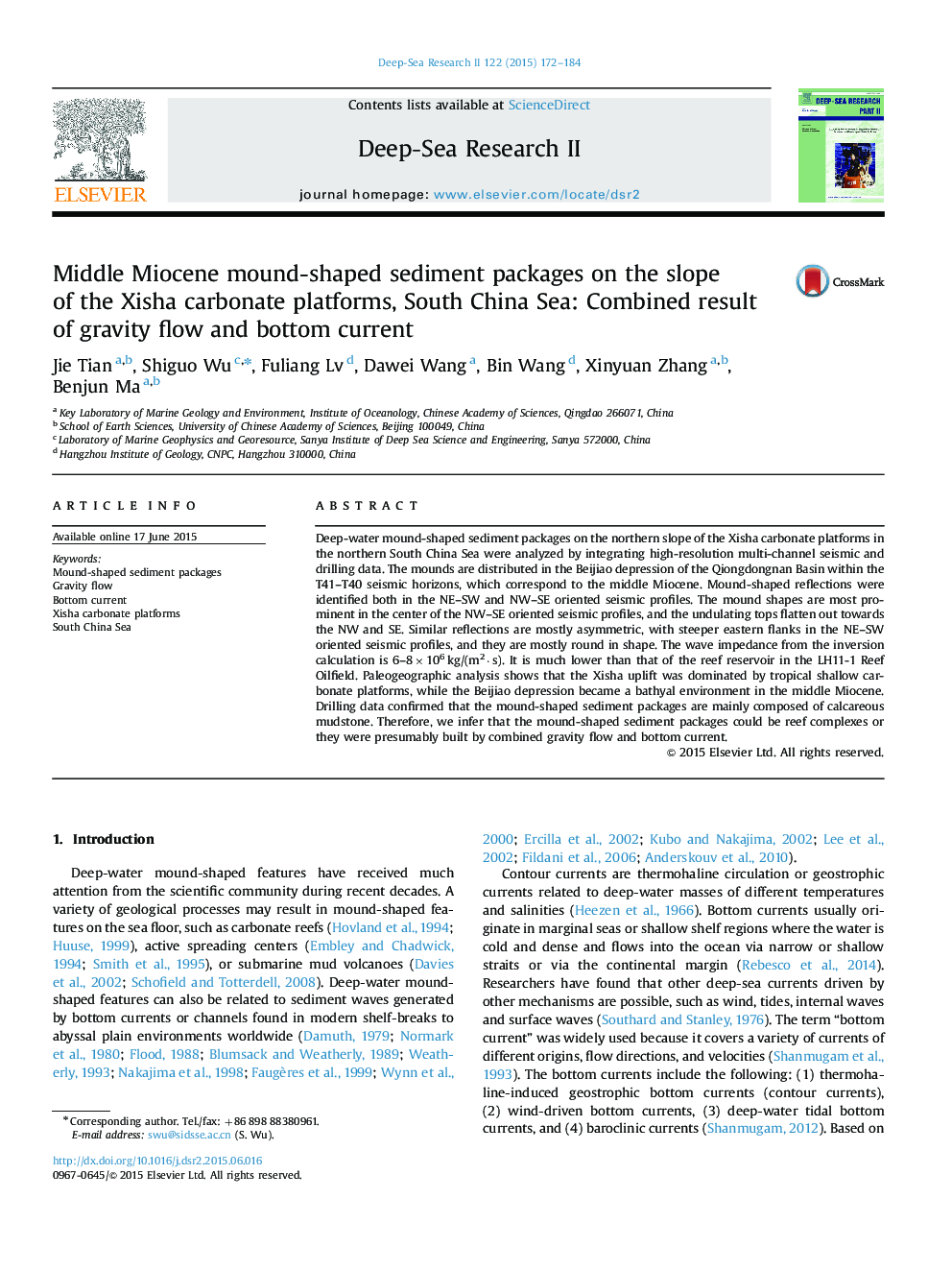 Middle Miocene mound-shaped sediment packages on the slope of the Xisha carbonate platforms, South China Sea: Combined result of gravity flow and bottom current