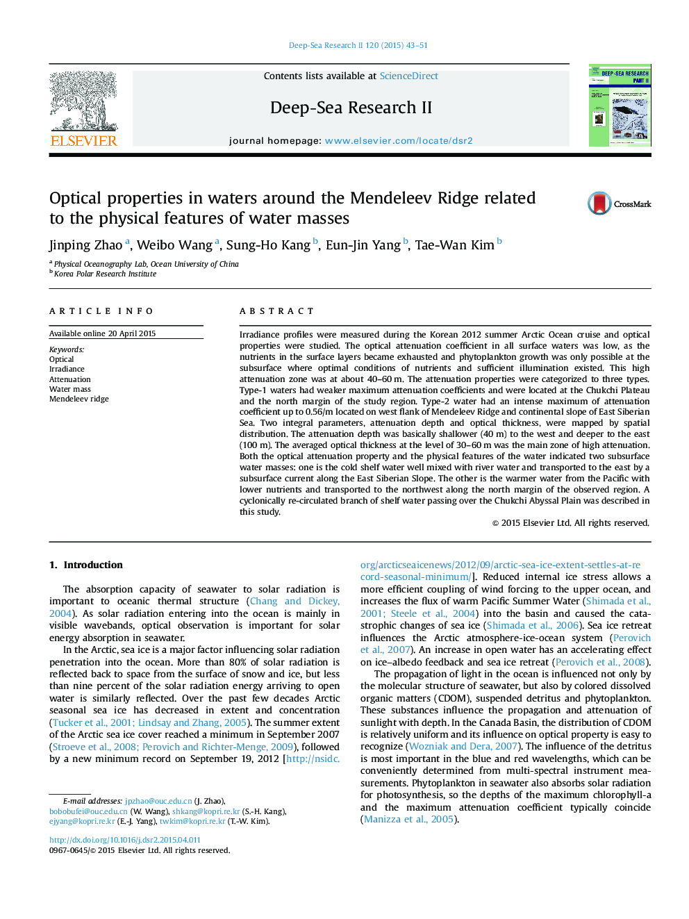 Optical properties in waters around the Mendeleev Ridge related to the physical features of water masses