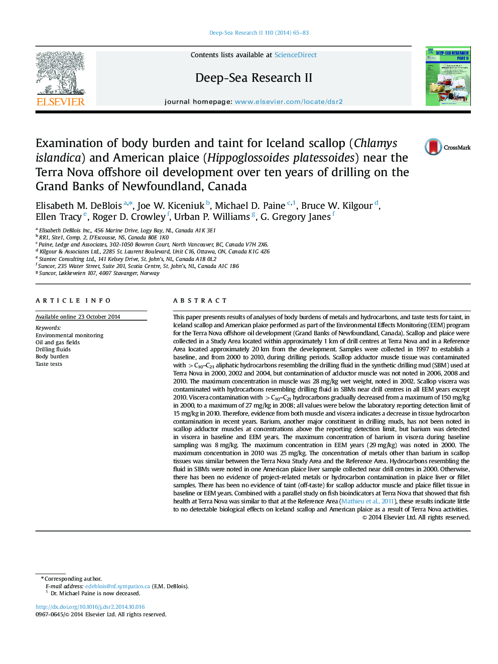 Examination of body burden and taint for Iceland scallop (Chlamys islandica) and American plaice (Hippoglossoides platessoides) near the Terra Nova offshore oil development over ten years of drilling on the Grand Banks of Newfoundland, Canada