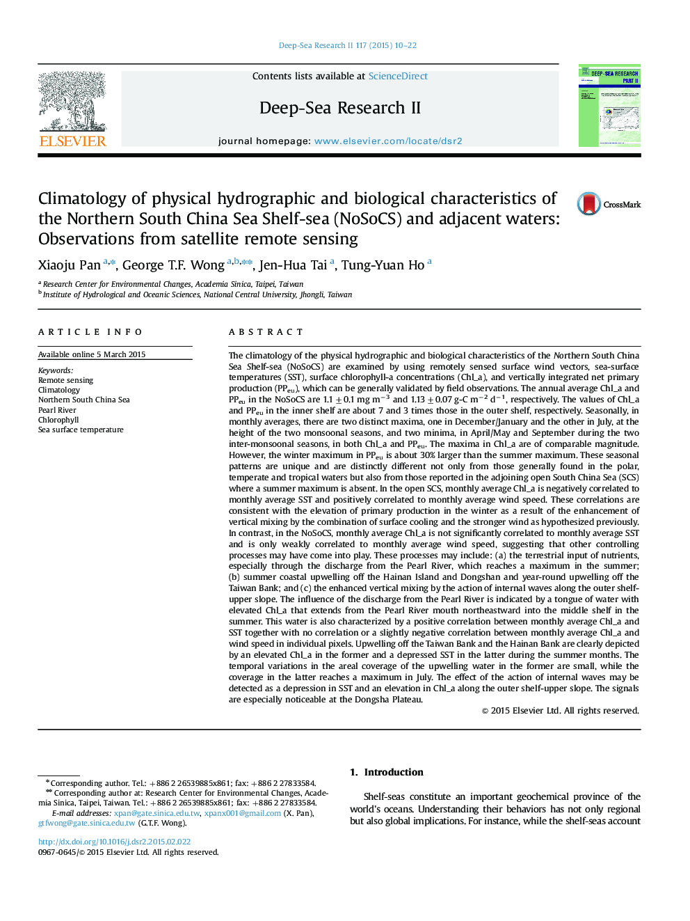 Climatology of physical hydrographic and biological characteristics of the Northern South China Sea Shelf-sea (NoSoCS) and adjacent waters: Observations from satellite remote sensing