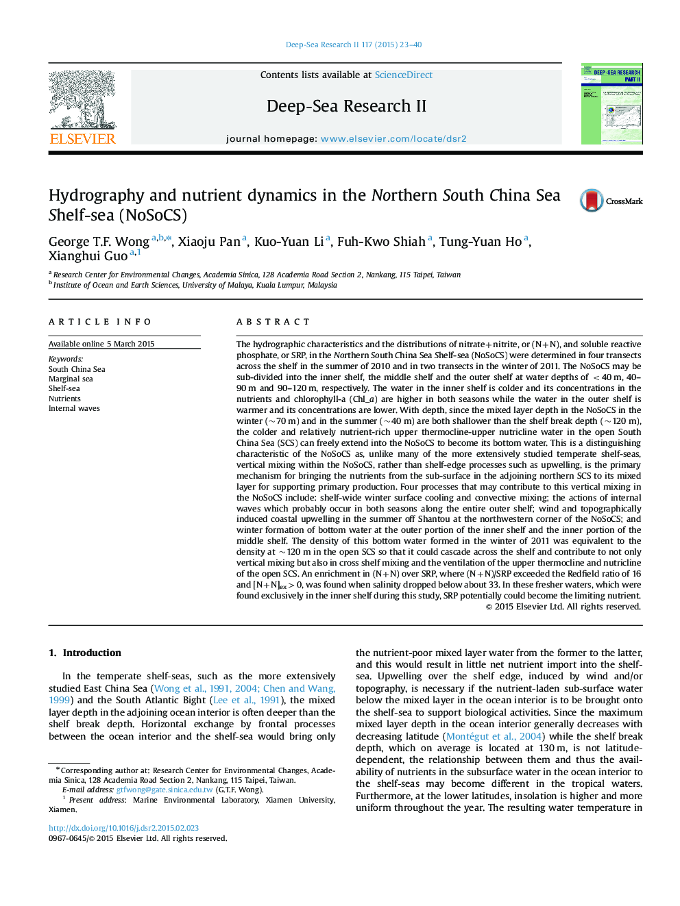 Hydrography and nutrient dynamics in the Northern South China Sea Shelf-sea (NoSoCS)