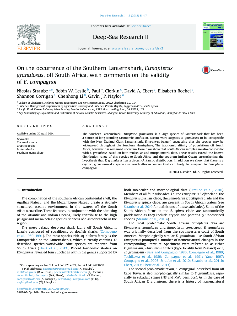 On the occurrence of the Southern Lanternshark, Etmopterus granulosus, off South Africa, with comments on the validity of E. compagnoi