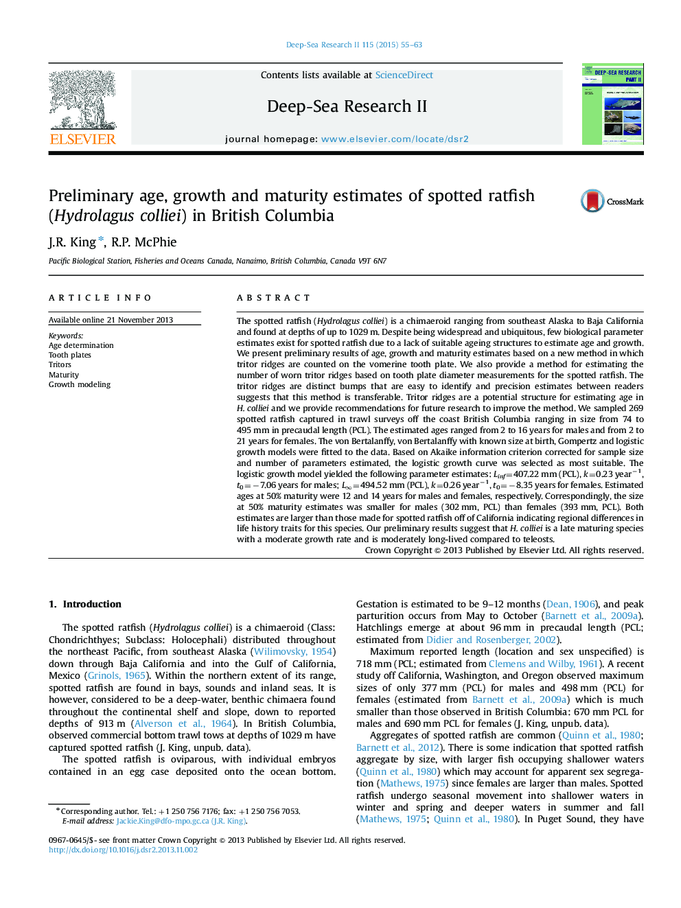 Preliminary age, growth and maturity estimates of spotted ratfish (Hydrolagus colliei) in British Columbia