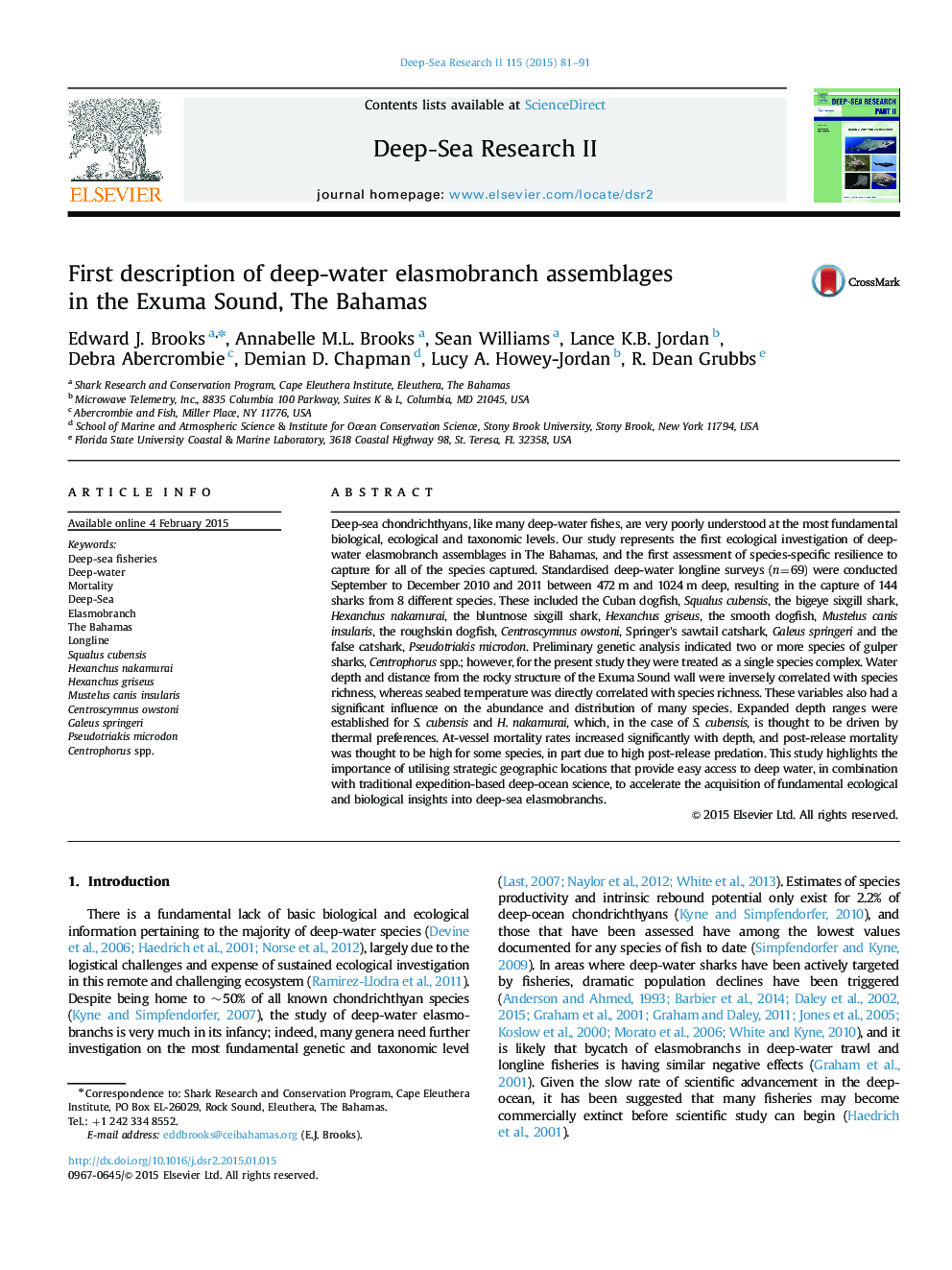 First description of deep-water elasmobranch assemblages in the Exuma Sound, The Bahamas