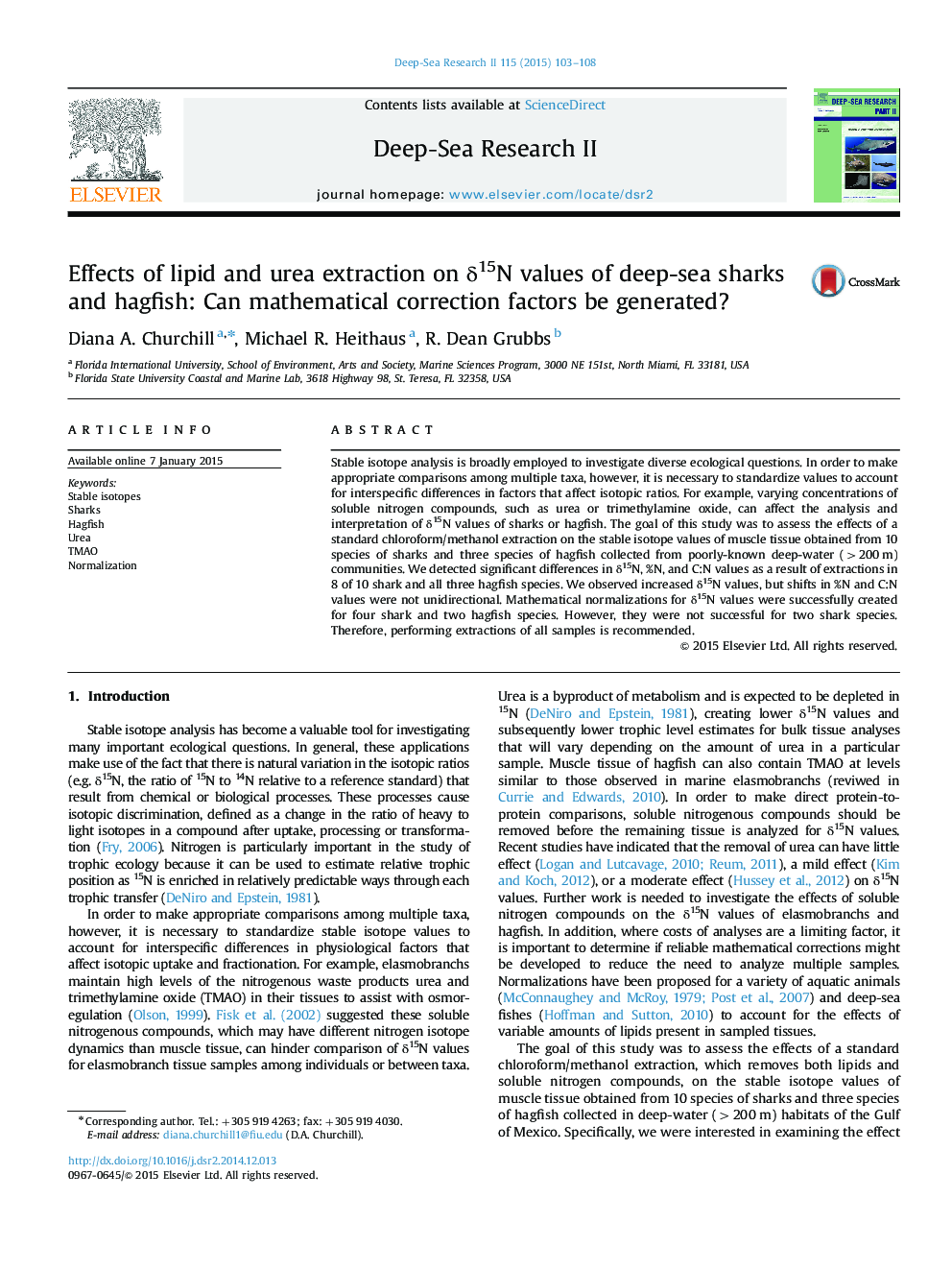 Effects of lipid and urea extraction on δ15N values of deep-sea sharks and hagfish: Can mathematical correction factors be generated?