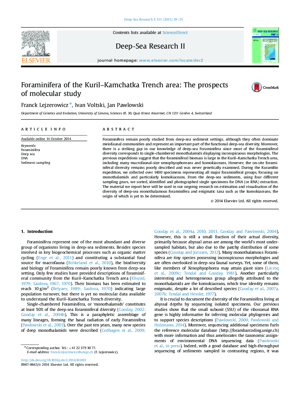 Foraminifera of the Kuril–Kamchatka Trench area: The prospects of molecular study