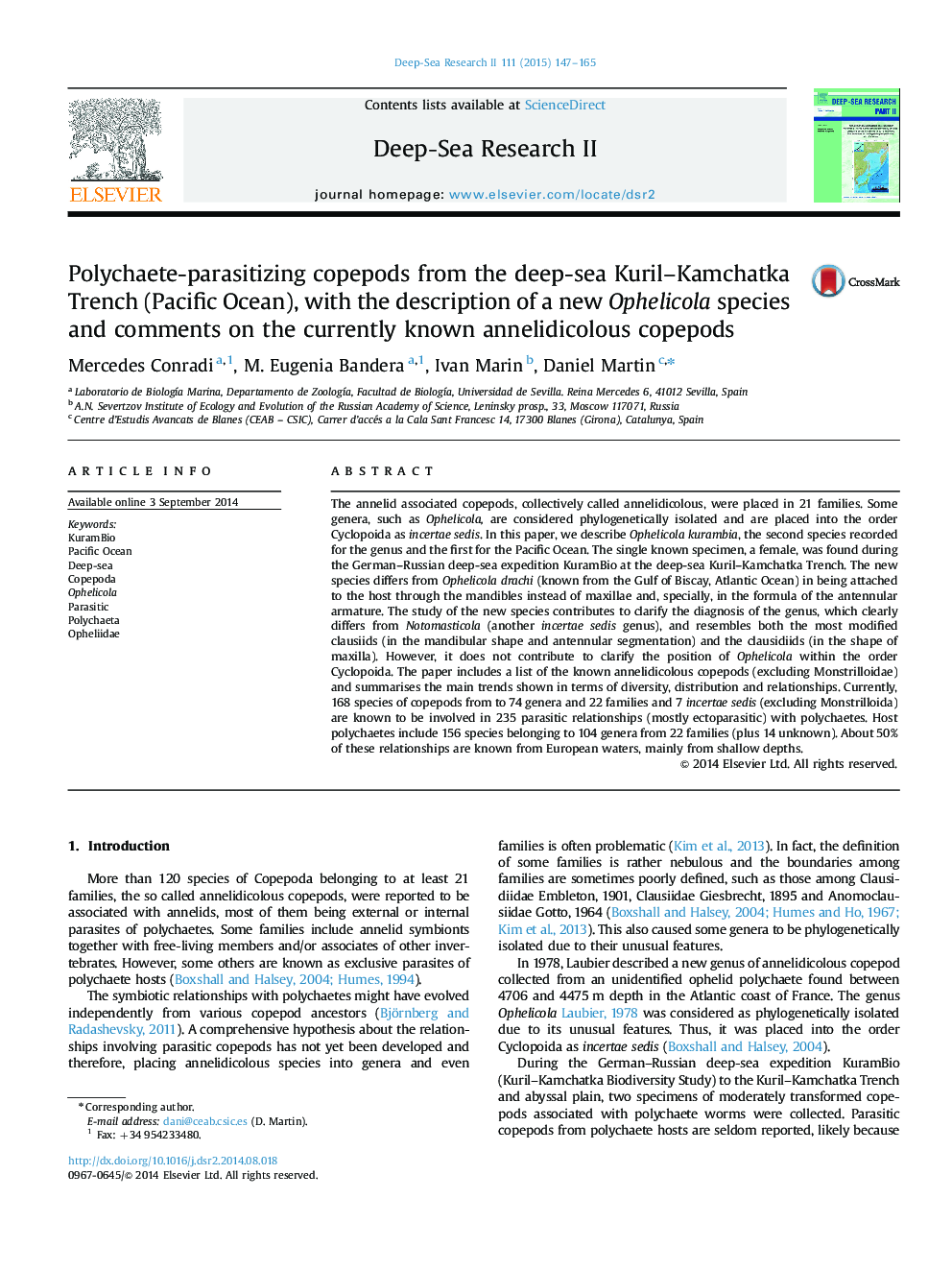 Polychaete-parasitizing copepods from the deep-sea Kuril–Kamchatka Trench (Pacific Ocean), with the description of a new Ophelicola species and comments on the currently known annelidicolous copepods