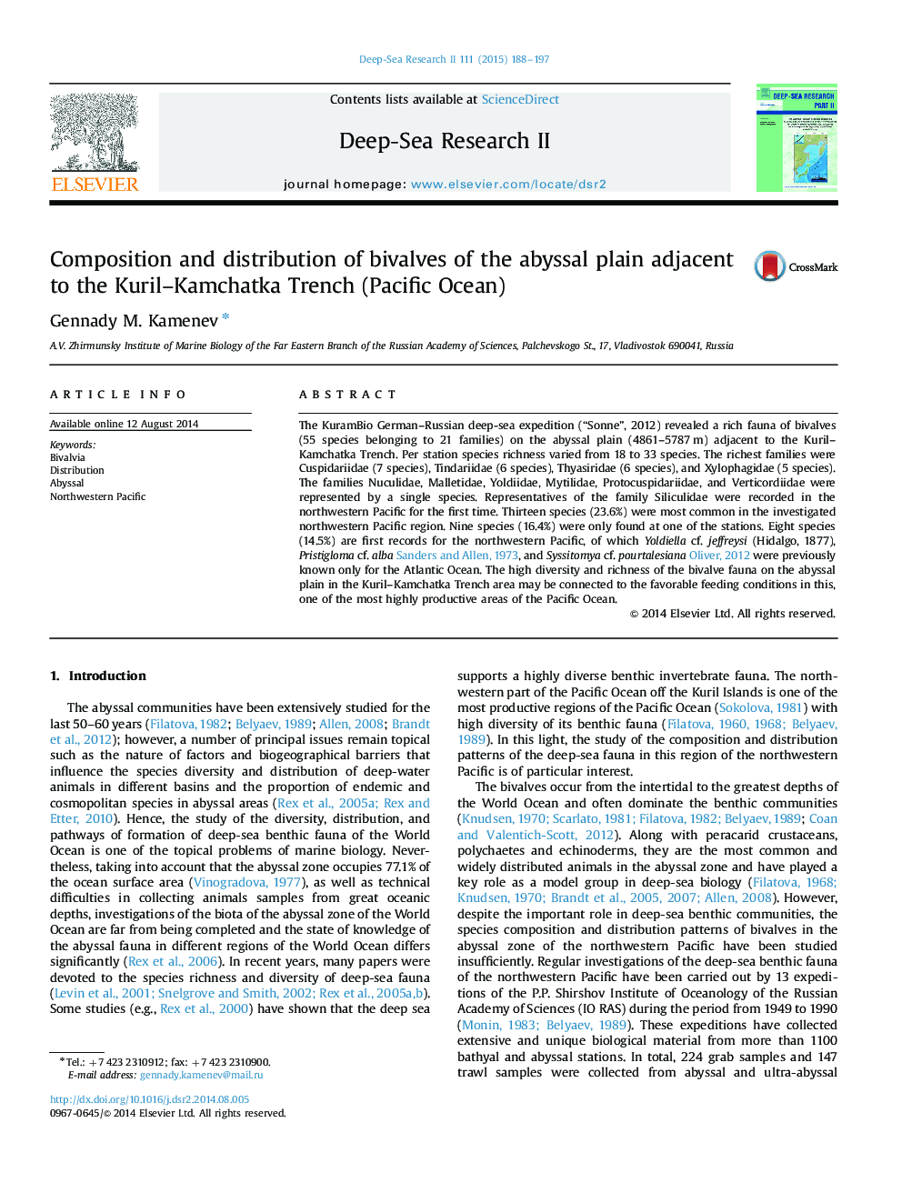 Composition and distribution of bivalves of the abyssal plain adjacent to the Kuril–Kamchatka Trench (Pacific Ocean)