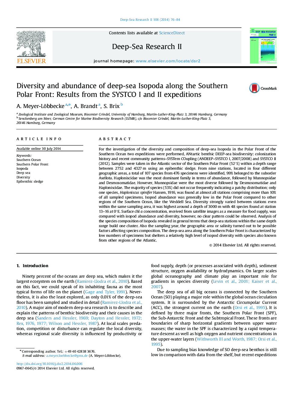 Diversity and abundance of deep-sea Isopoda along the Southern Polar Front: Results from the SYSTCO I and II expeditions