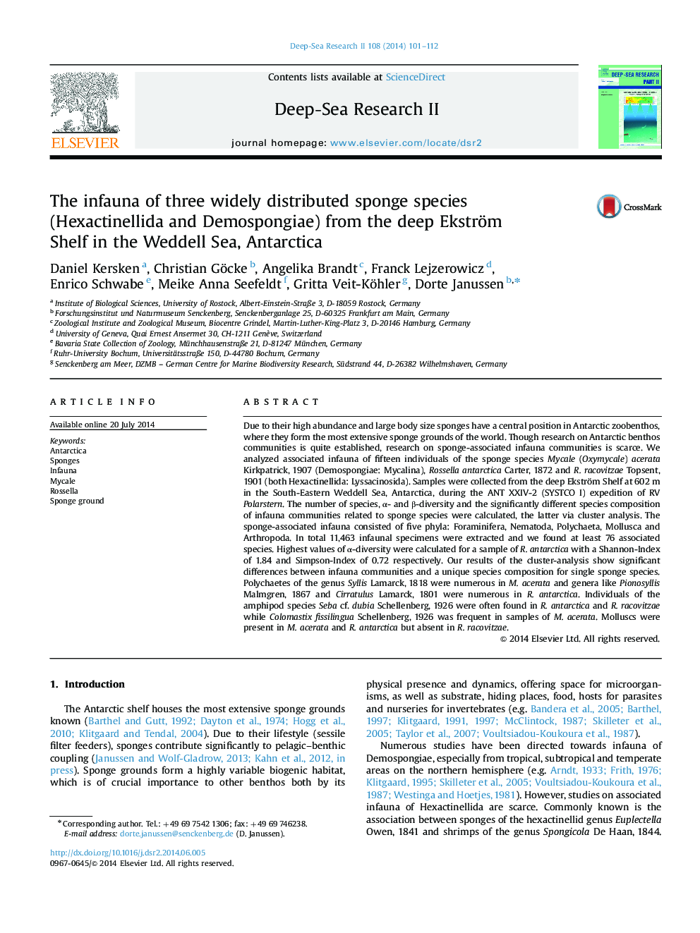 The infauna of three widely distributed sponge species (Hexactinellida and Demospongiae) from the deep Ekström Shelf in the Weddell Sea, Antarctica