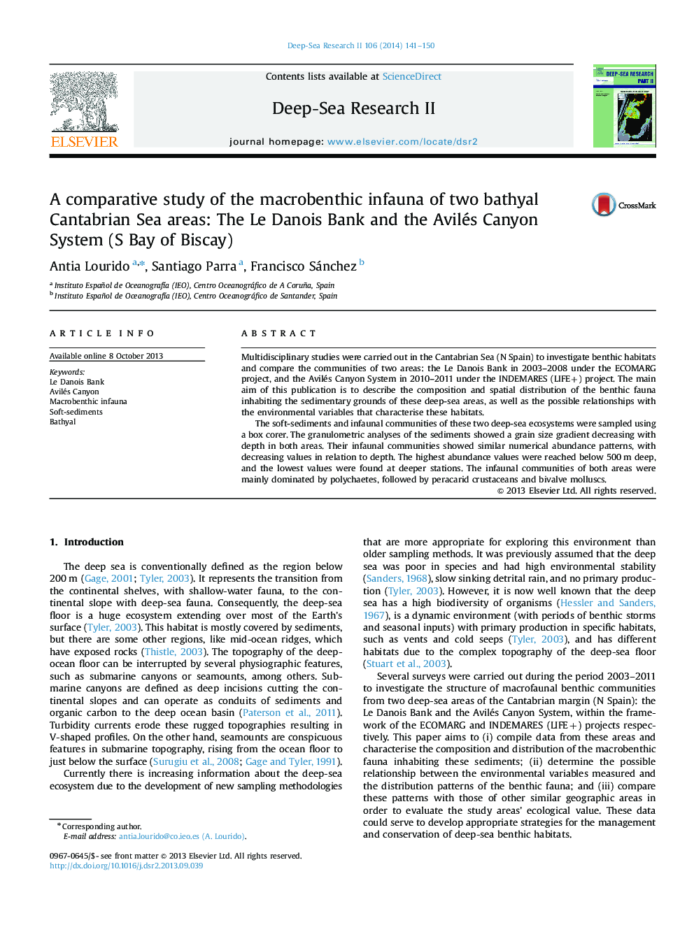 A comparative study of the macrobenthic infauna of two bathyal Cantabrian Sea areas: The Le Danois Bank and the Avilés Canyon System (S Bay of Biscay)