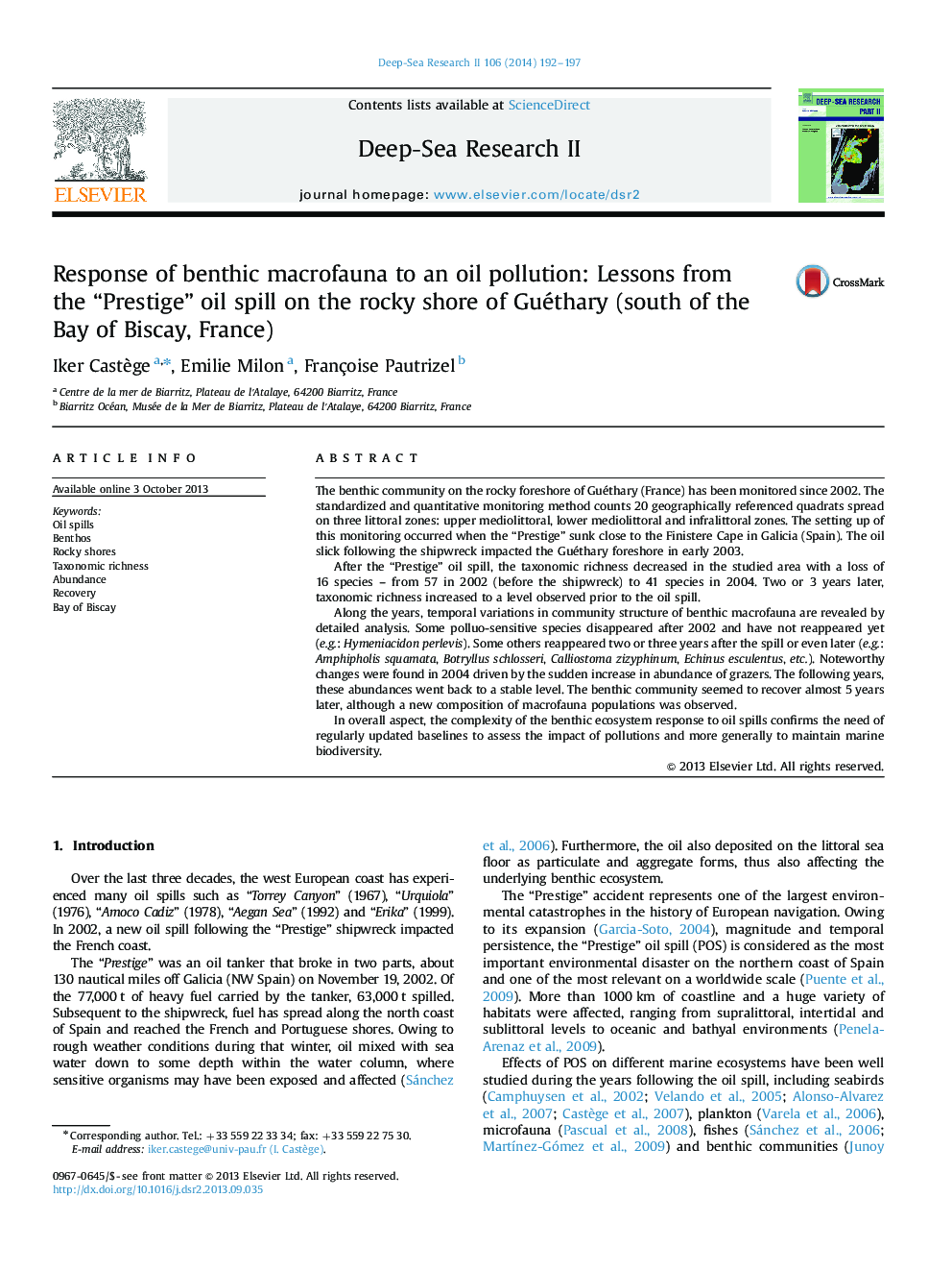 Response of benthic macrofauna to an oil pollution: Lessons from the “Prestige” oil spill on the rocky shore of Guéthary (south of the Bay of Biscay, France)