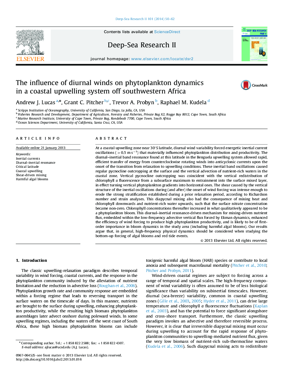 The influence of diurnal winds on phytoplankton dynamics in a coastal upwelling system off southwestern Africa