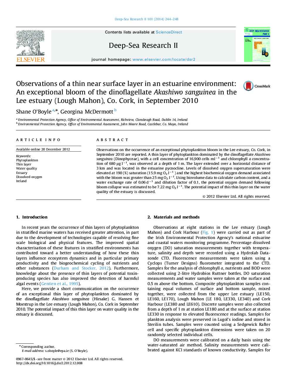 Observations of a thin near surface layer in an estuarine environment: An exceptional bloom of the dinoflagellate Akashiwo sanguinea in the Lee estuary (Lough Mahon), Co. Cork, in September 2010