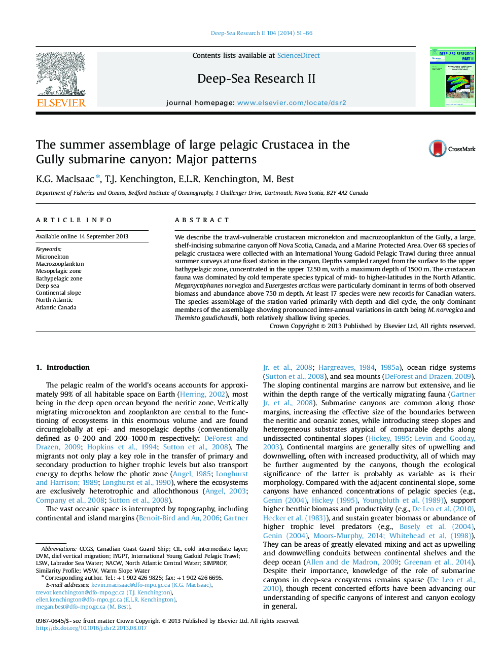 The summer assemblage of large pelagic Crustacea in the Gully submarine canyon: Major patterns