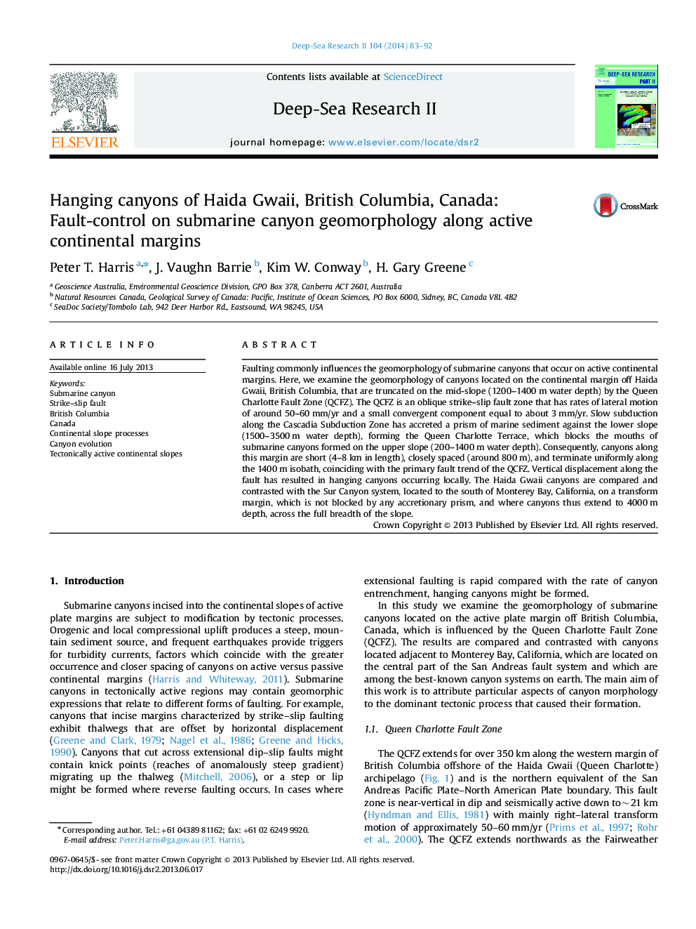 Hanging canyons of Haida Gwaii, British Columbia, Canada: Fault-control on submarine canyon geomorphology along active continental margins