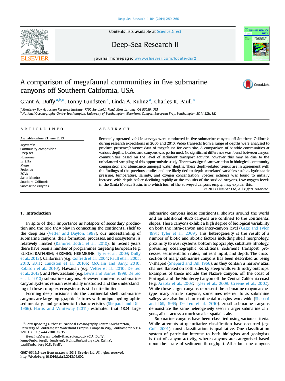 A comparison of megafaunal communities in five submarine canyons off Southern California, USA