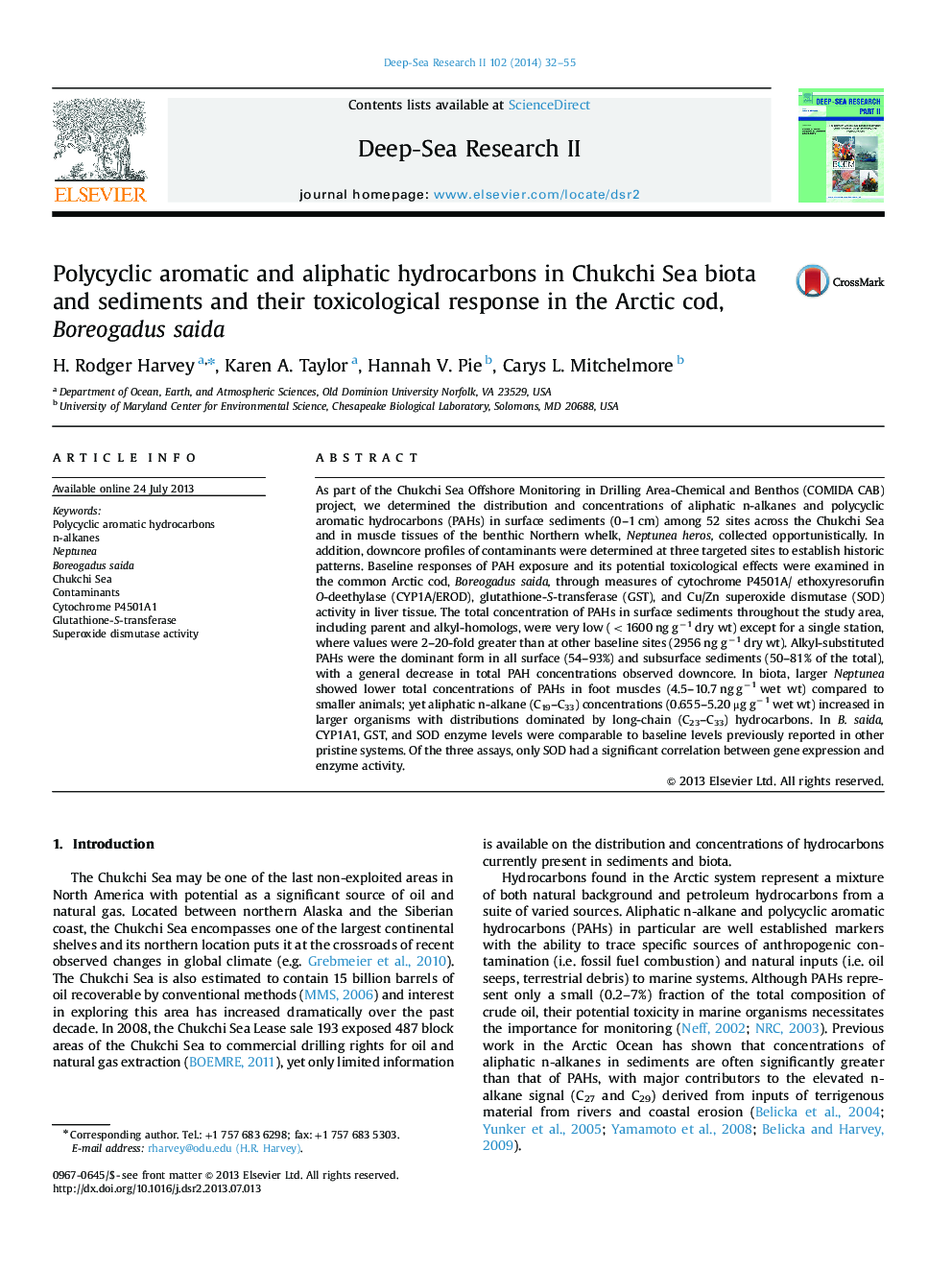 Polycyclic aromatic and aliphatic hydrocarbons in Chukchi Sea biota and sediments and their toxicological response in the Arctic cod, Boreogadus saida