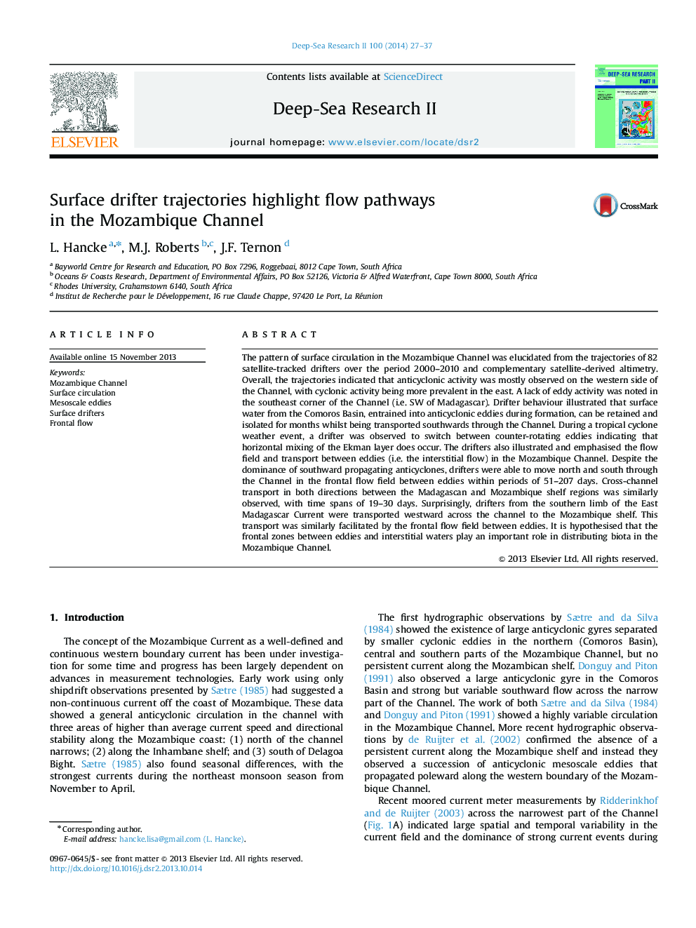 Surface drifter trajectories highlight flow pathways in the Mozambique Channel