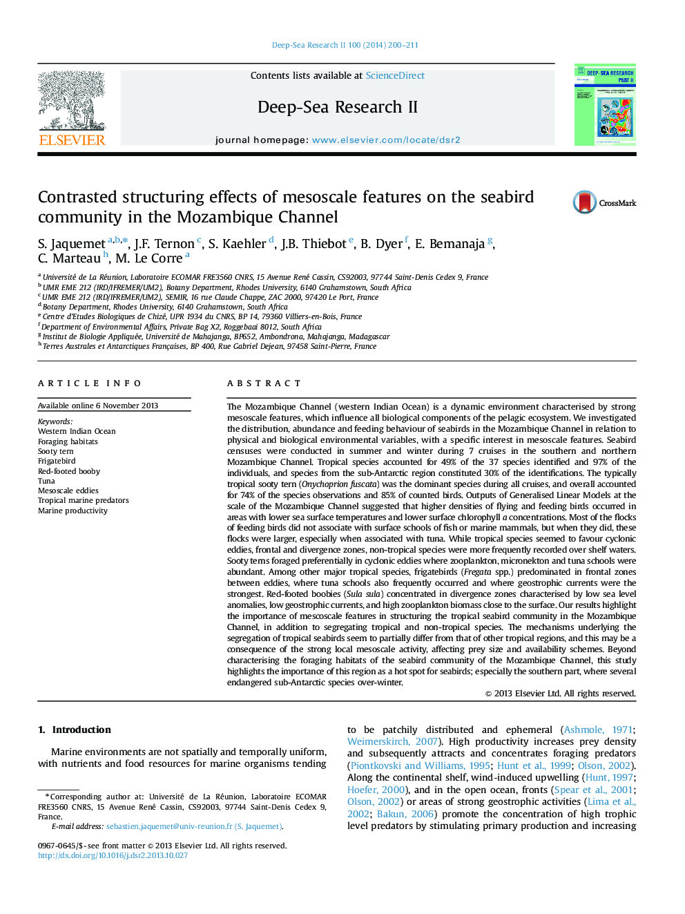 عکس صفحه اول مقاله: Contrasted structuring effects of mesoscale features on the seabird community in the Mozambique Channel Contrasted structuring effects of mesoscale features on the seabird community in the Mozambique Channel