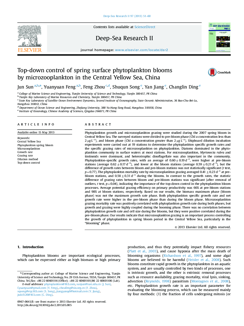 Top-down control of spring surface phytoplankton blooms by microzooplankton in the Central Yellow Sea, China