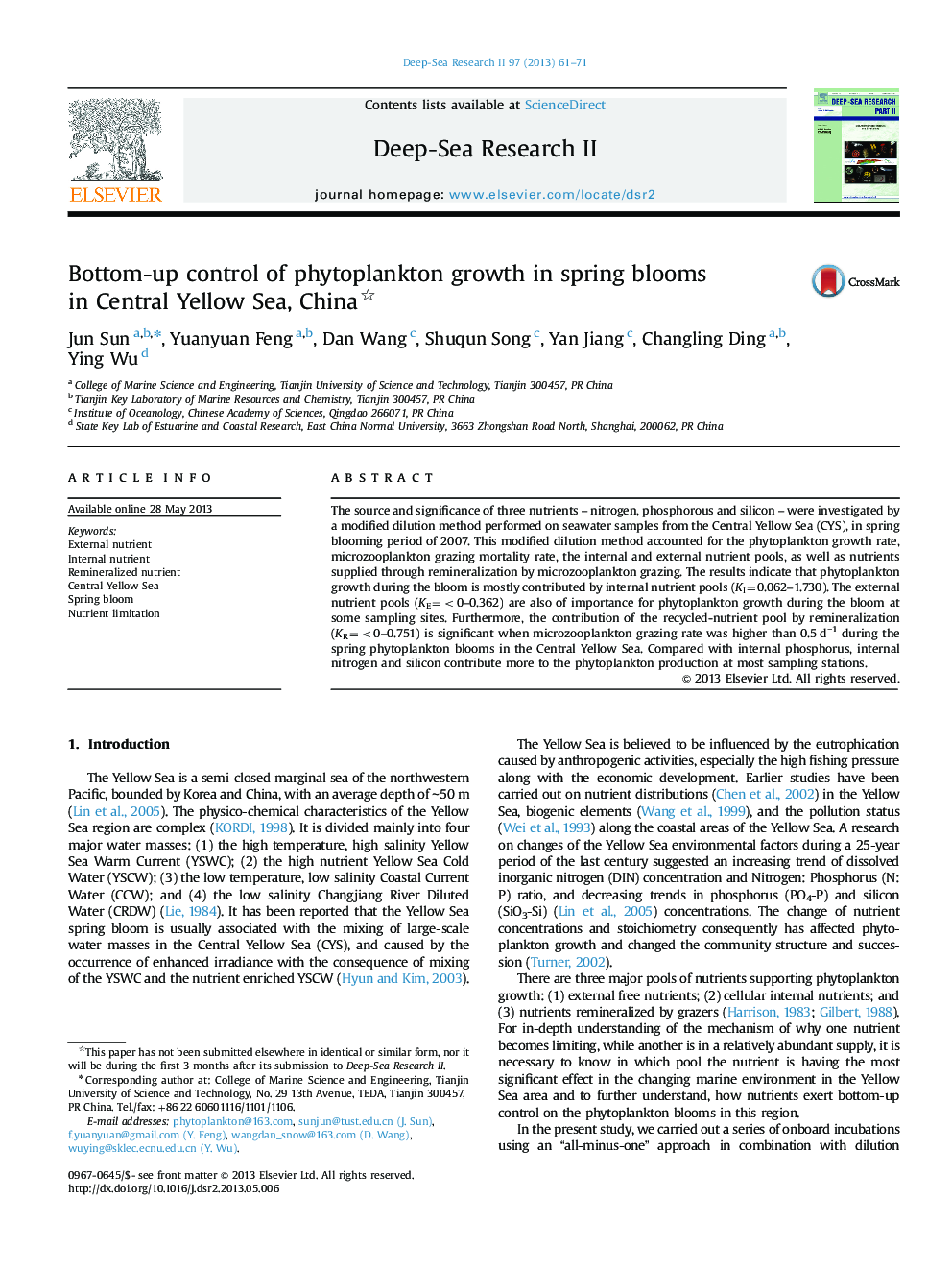 Bottom-up control of phytoplankton growth in spring blooms in Central Yellow Sea, China 