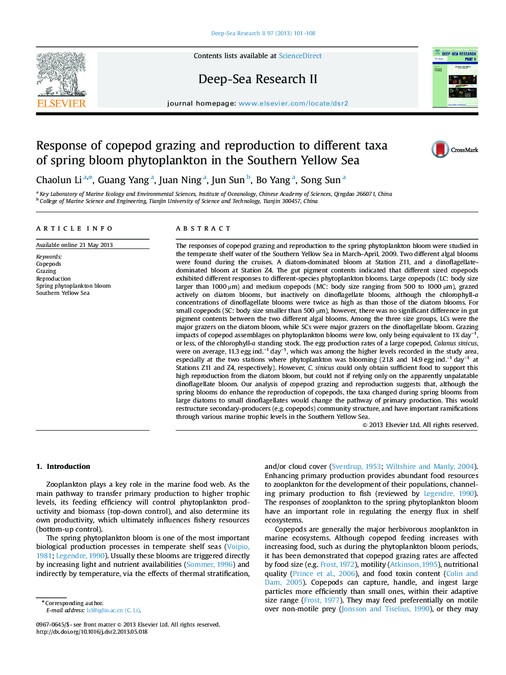 Response of copepod grazing and reproduction to different taxa of spring bloom phytoplankton in the Southern Yellow Sea