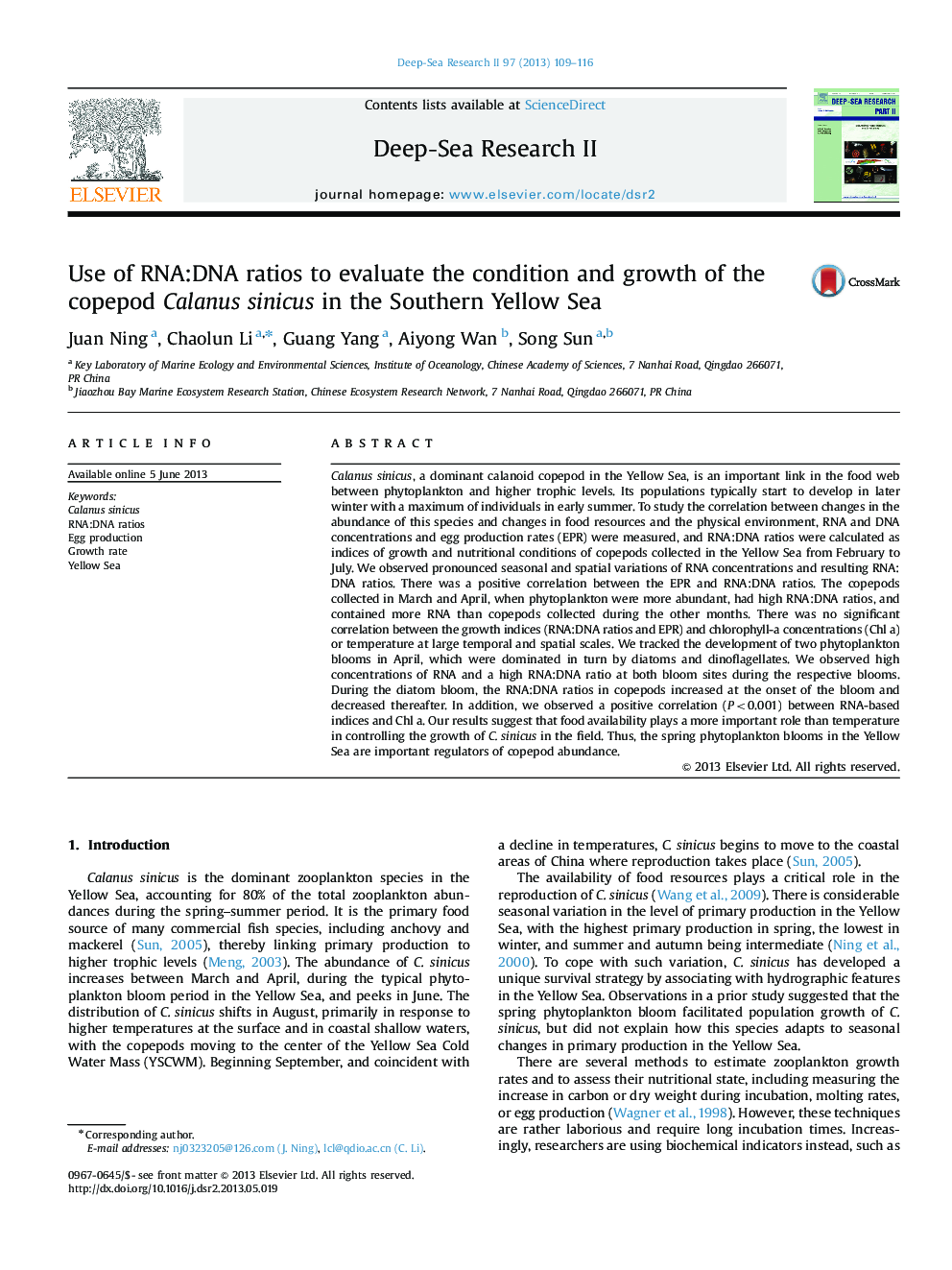 Use of RNA:DNA ratios to evaluate the condition and growth of the copepod Calanus sinicus in the Southern Yellow Sea