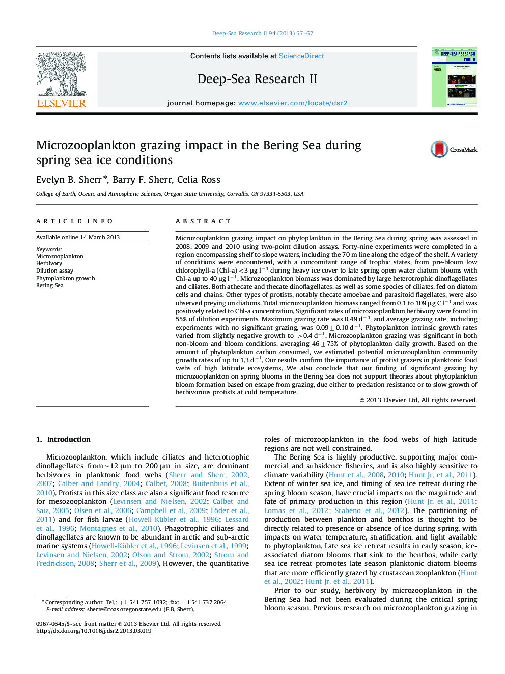 Microzooplankton grazing impact in the Bering Sea during spring sea ice conditions