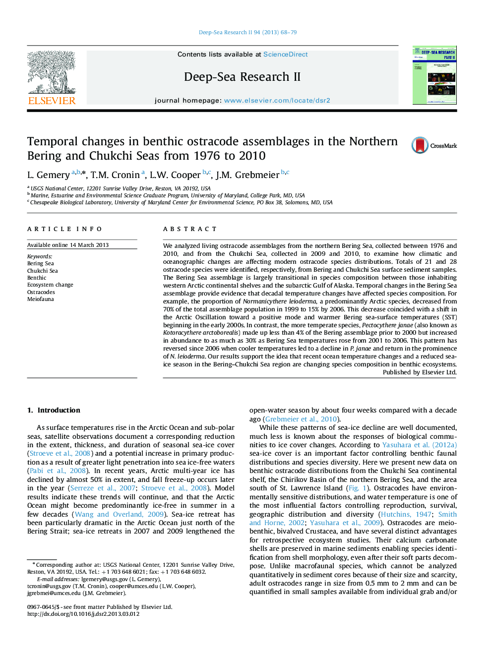 Temporal changes in benthic ostracode assemblages in the Northern Bering and Chukchi Seas from 1976 to 2010