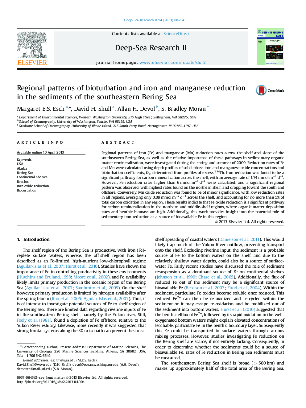 Regional patterns of bioturbation and iron and manganese reduction in the sediments of the southeastern Bering Sea