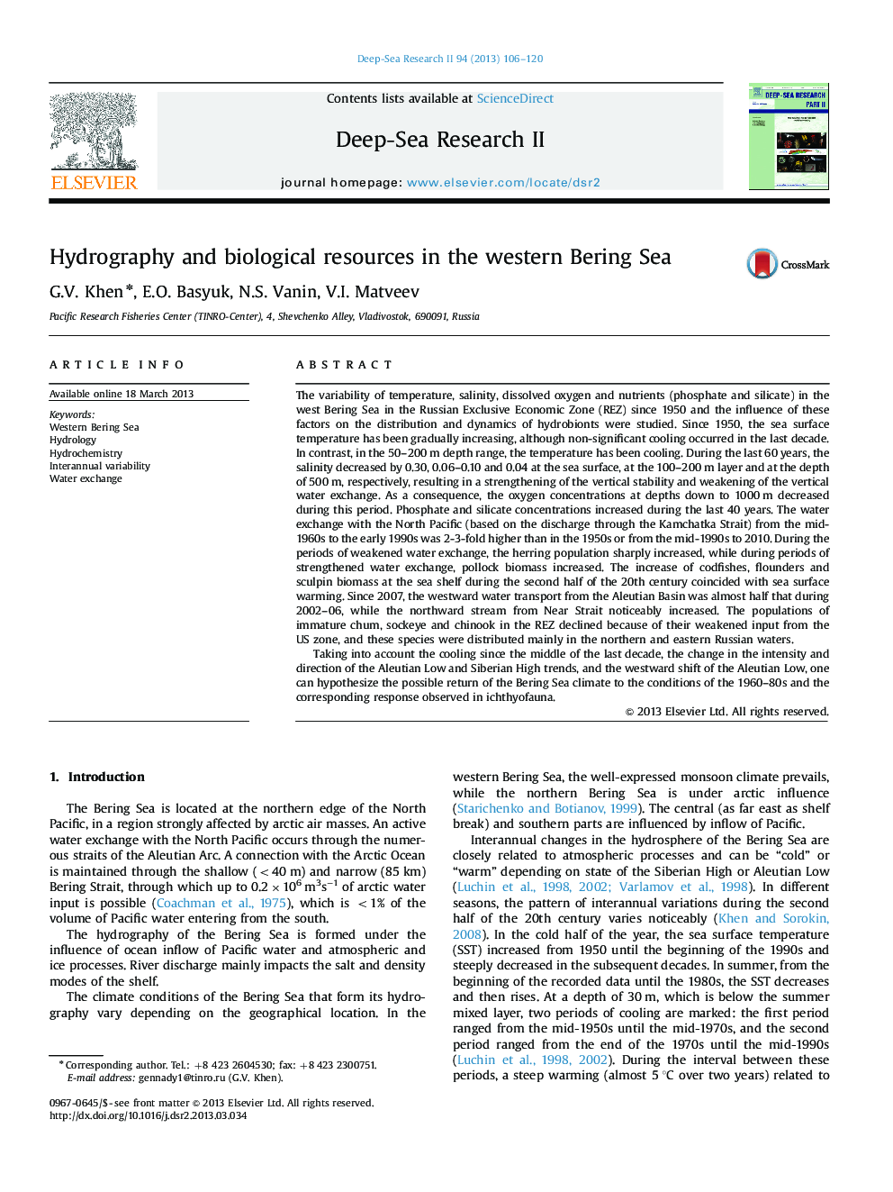 Hydrography and biological resources in the western Bering Sea