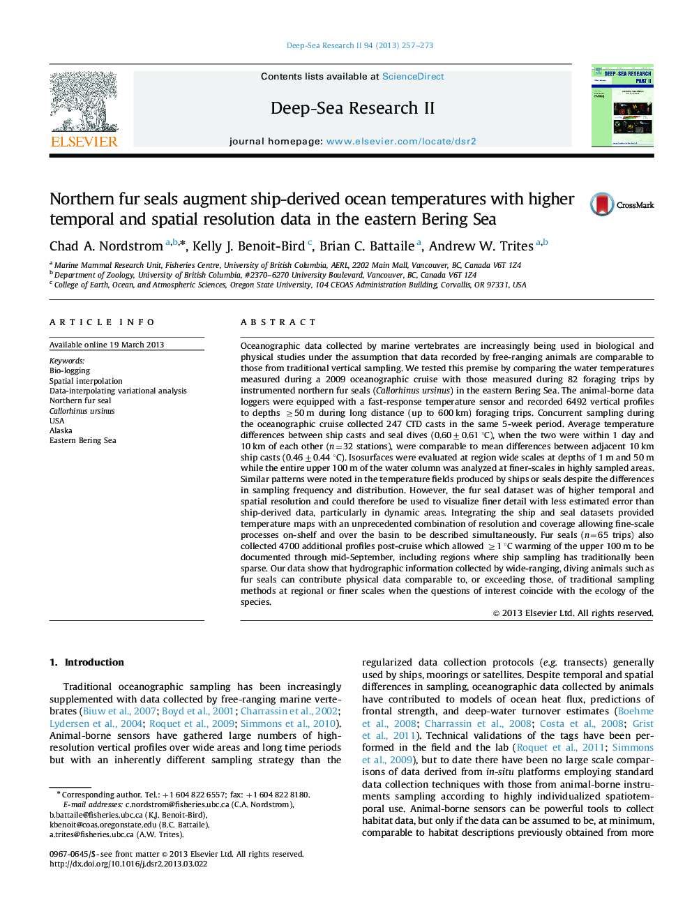 Northern fur seals augment ship-derived ocean temperatures with higher temporal and spatial resolution data in the eastern Bering Sea