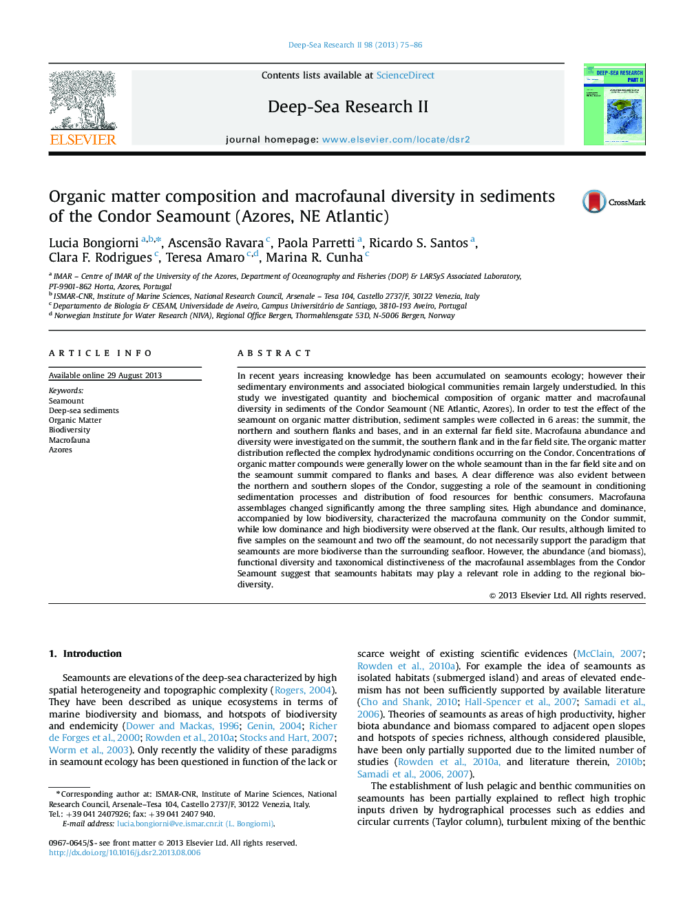 Organic matter composition and macrofaunal diversity in sediments of the Condor Seamount (Azores, NE Atlantic)