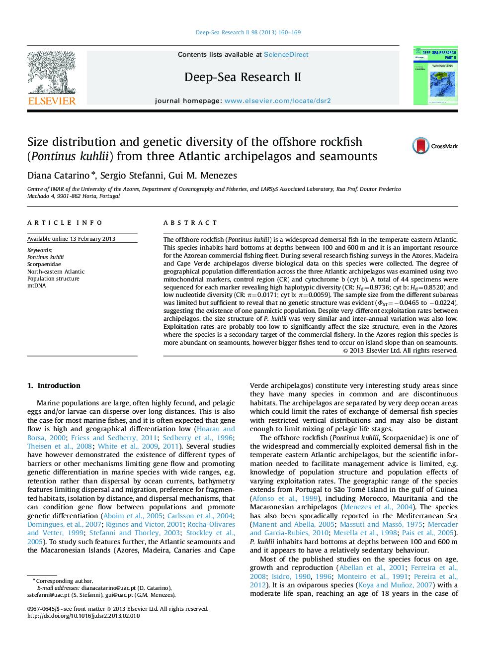 Size distribution and genetic diversity of the offshore rockfish (Pontinus kuhlii) from three Atlantic archipelagos and seamounts