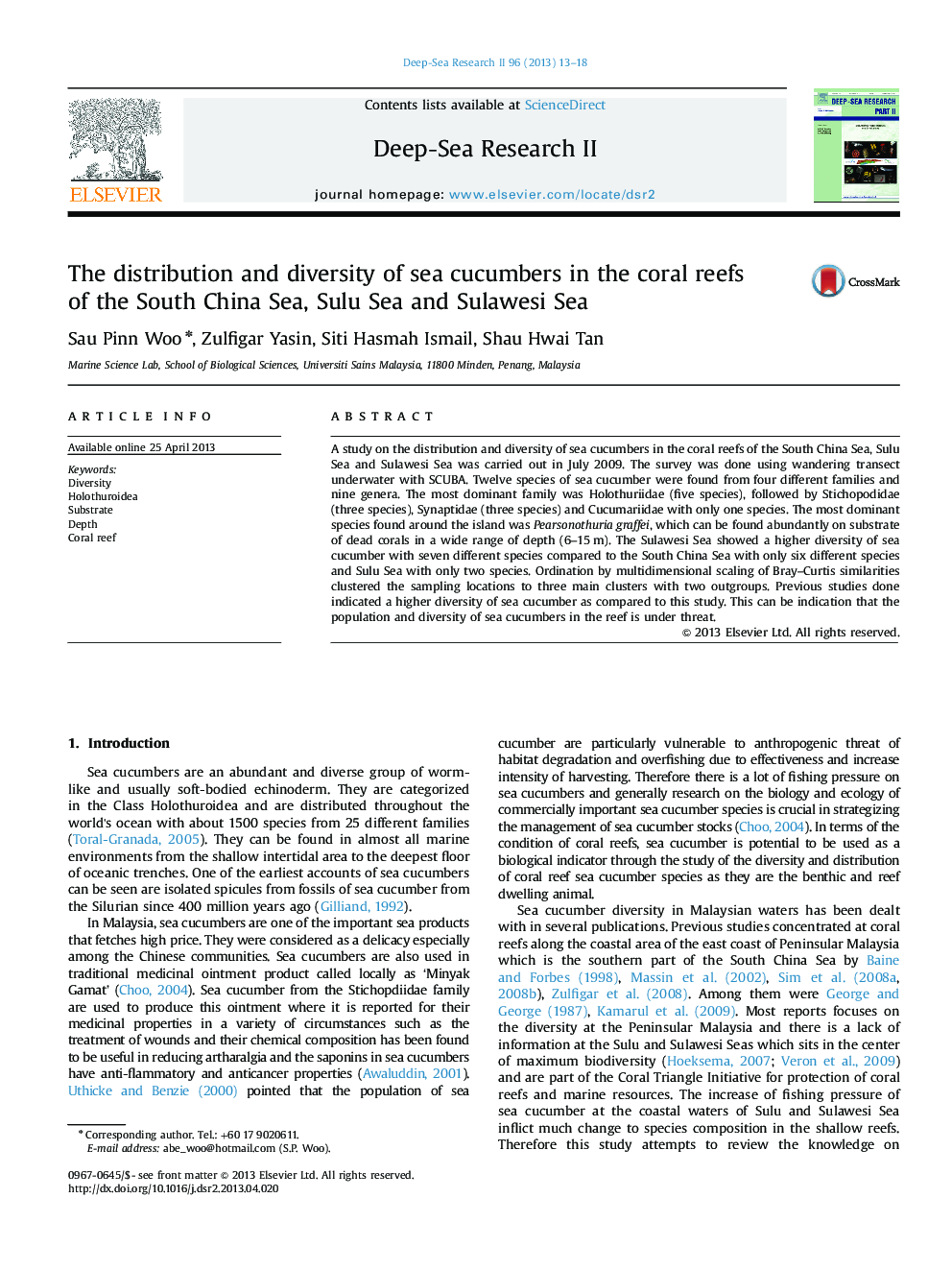 The distribution and diversity of sea cucumbers in the coral reefs of the South China Sea, Sulu Sea and Sulawesi Sea