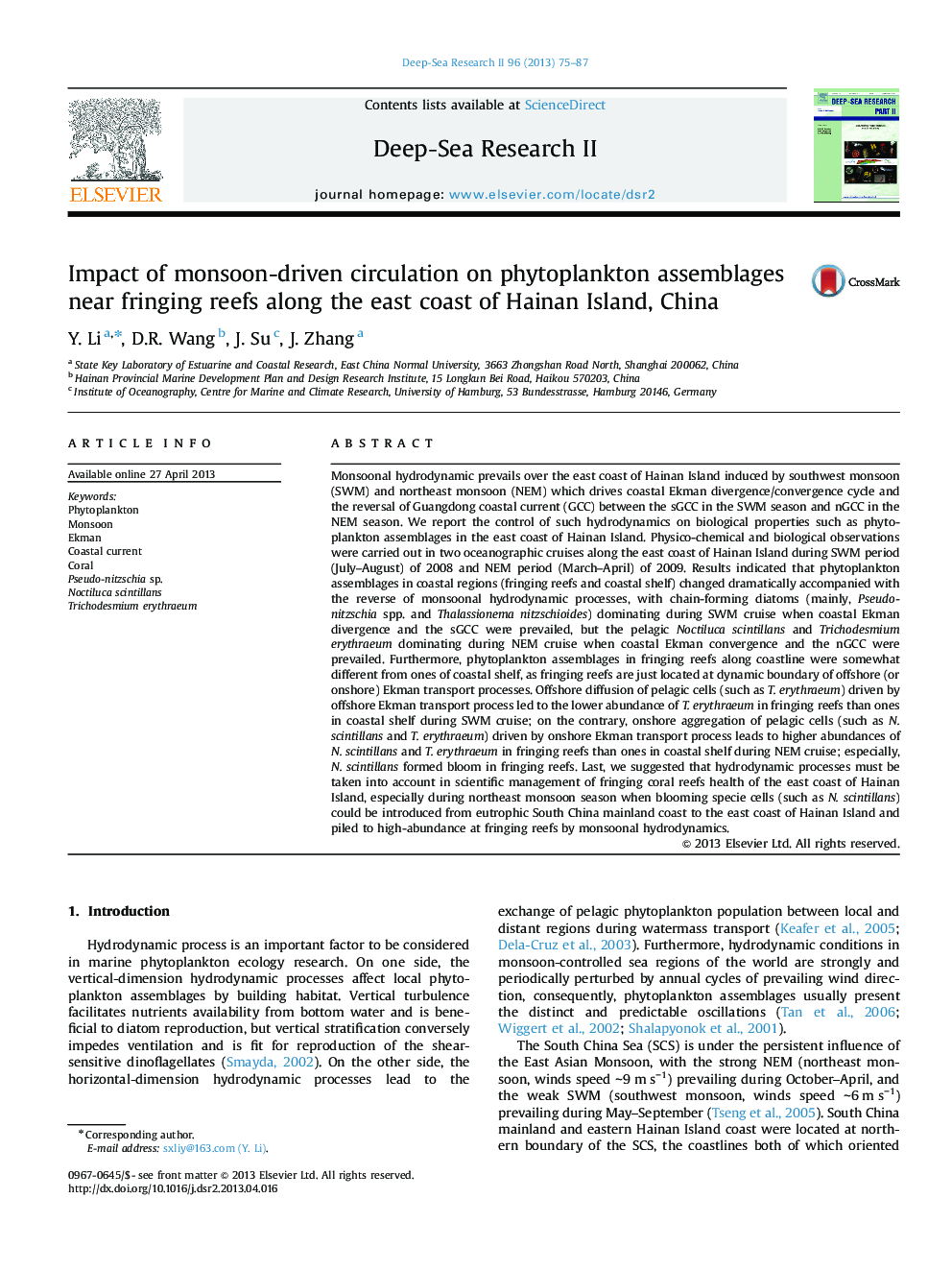 Impact of monsoon-driven circulation on phytoplankton assemblages near fringing reefs along the east coast of Hainan Island, China