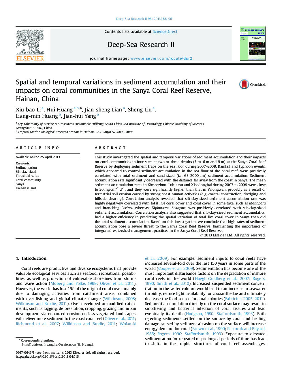 Spatial and temporal variations in sediment accumulation and their impacts on coral communities in the Sanya Coral Reef Reserve, Hainan, China