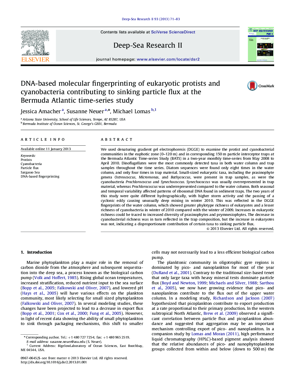 DNA-based molecular fingerprinting of eukaryotic protists and cyanobacteria contributing to sinking particle flux at the Bermuda Atlantic time-series study