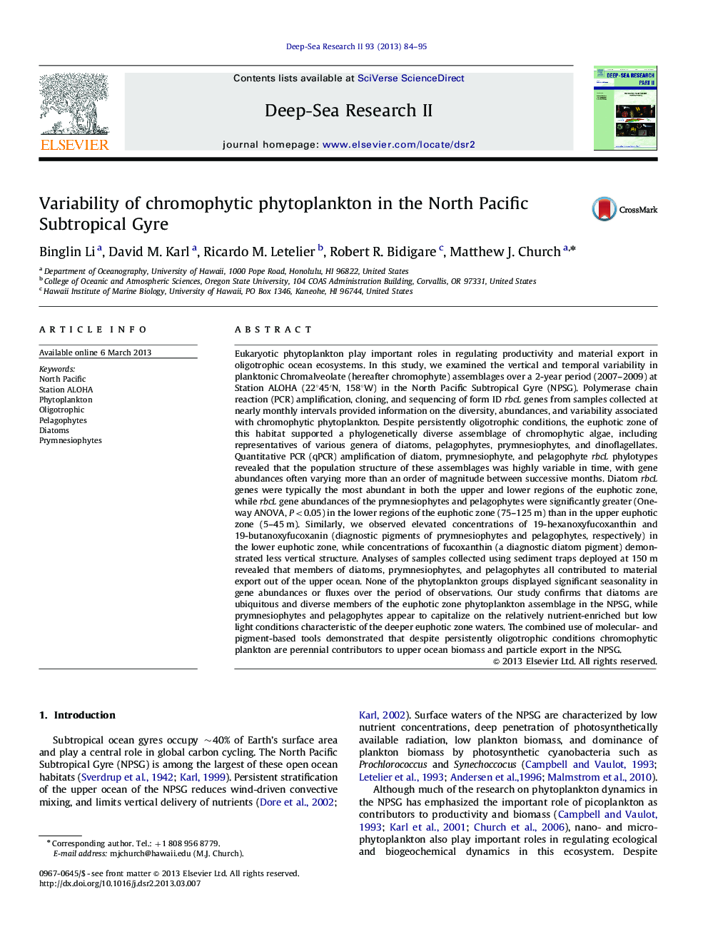 Variability of chromophytic phytoplankton in the North Pacific Subtropical Gyre