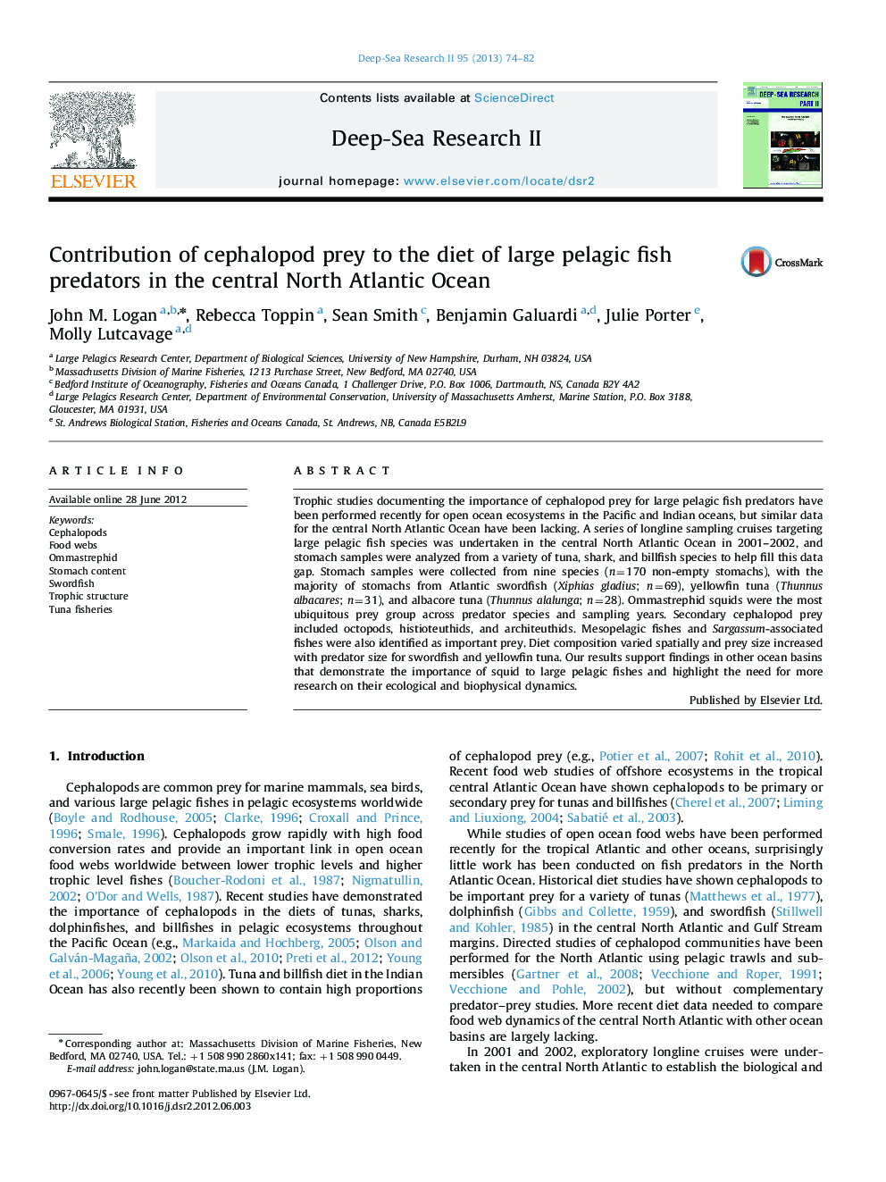 Contribution of cephalopod prey to the diet of large pelagic fish predators in the central North Atlantic Ocean