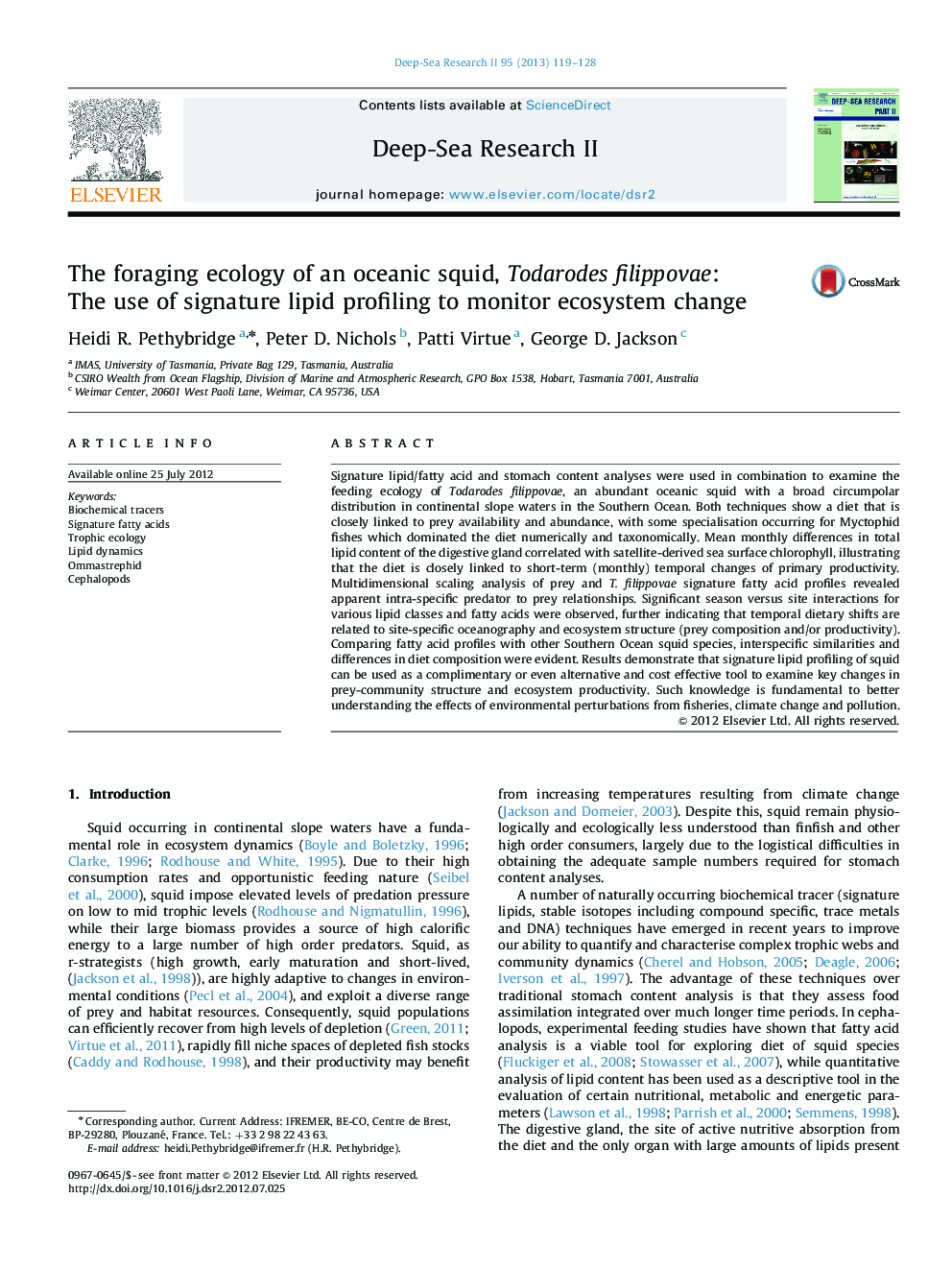 The foraging ecology of an oceanic squid, Todarodes filippovae: The use of signature lipid profiling to monitor ecosystem change