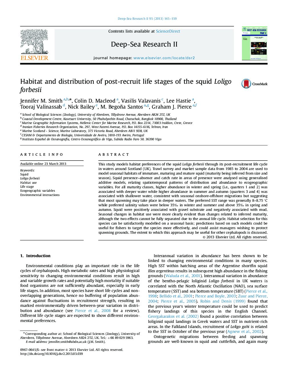 Habitat and distribution of post-recruit life stages of the squid Loligo forbesii