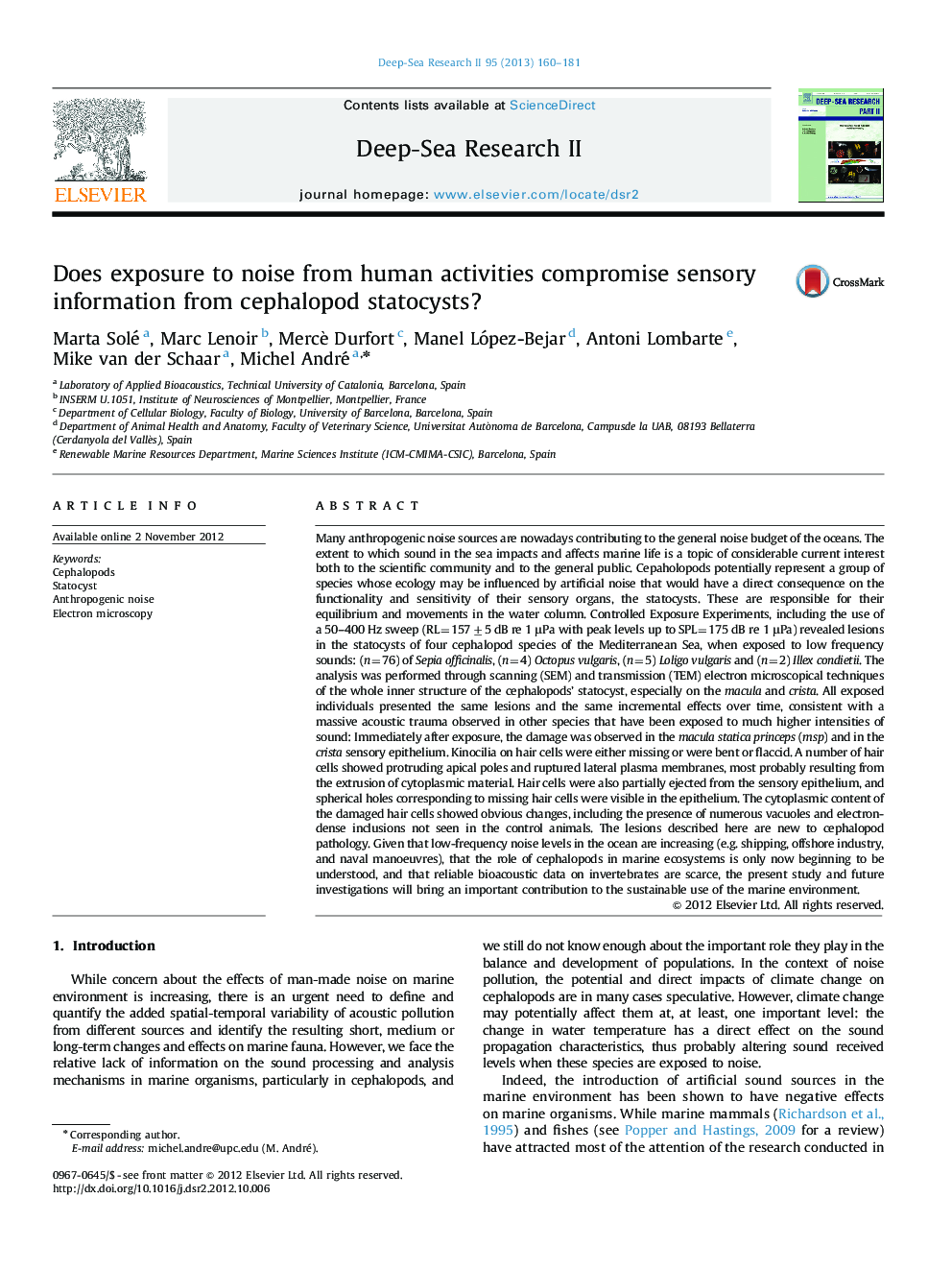 Does exposure to noise from human activities compromise sensory information from cephalopod statocysts?