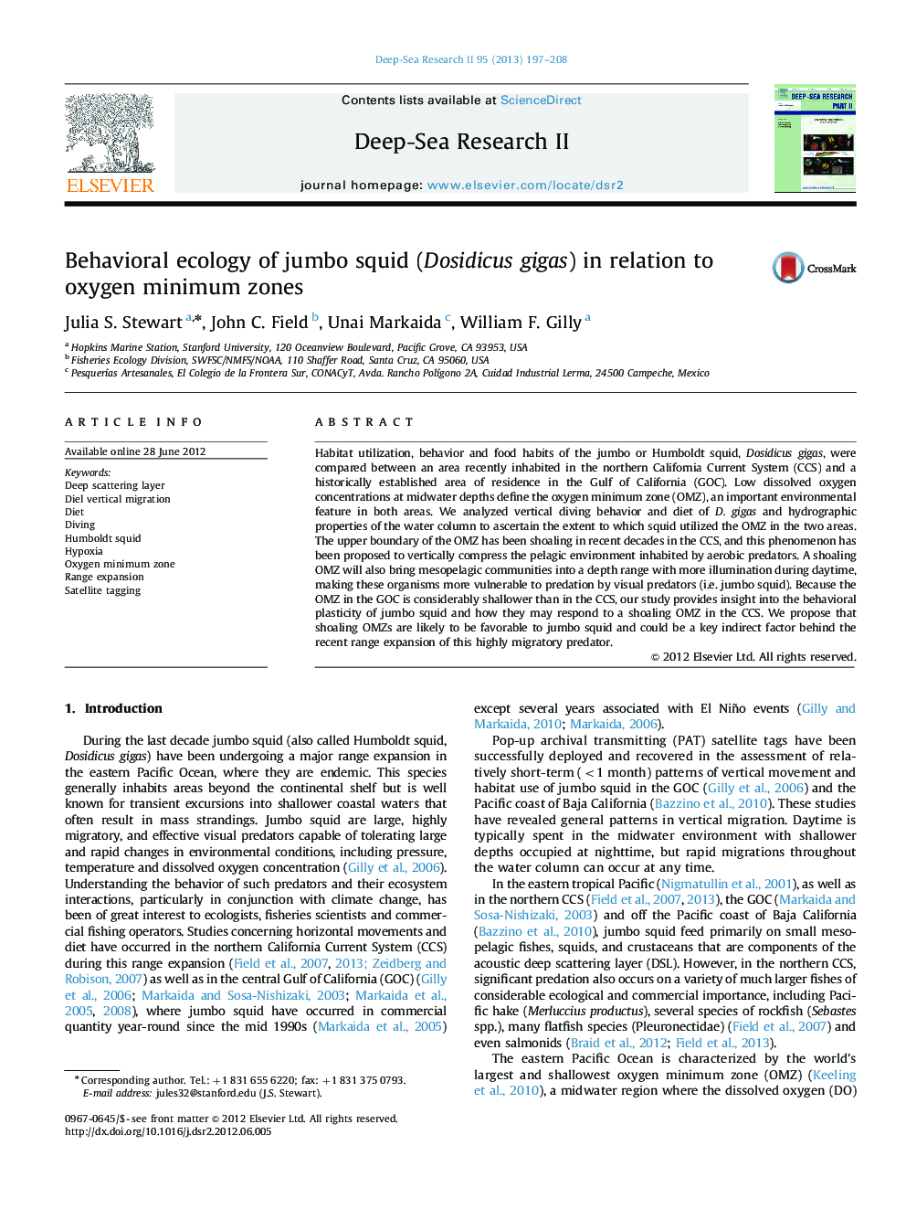 Behavioral ecology of jumbo squid (Dosidicus gigas) in relation to oxygen minimum zones