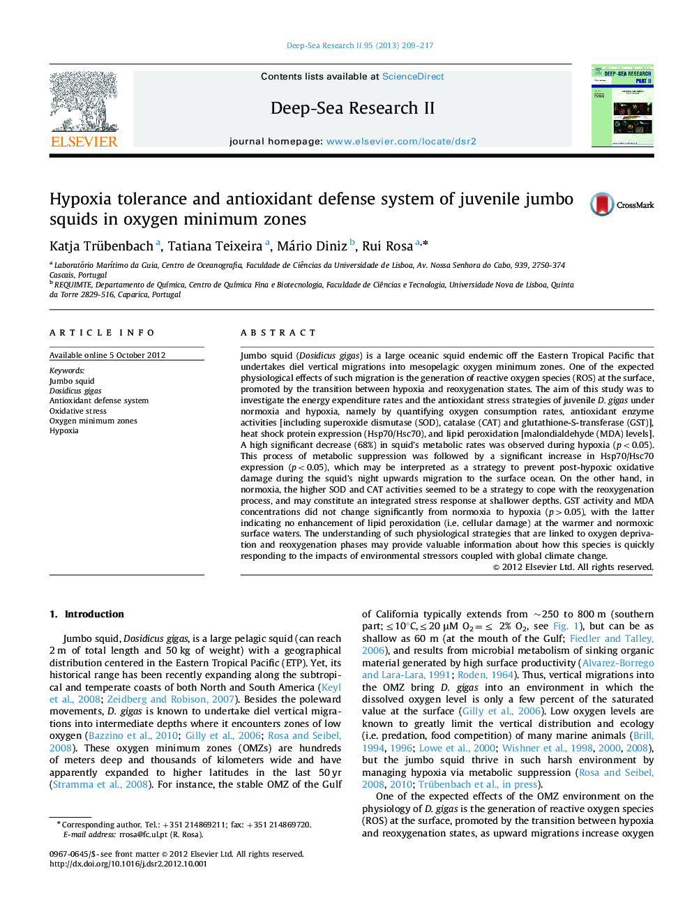 Hypoxia tolerance and antioxidant defense system of juvenile jumbo squids in oxygen minimum zones