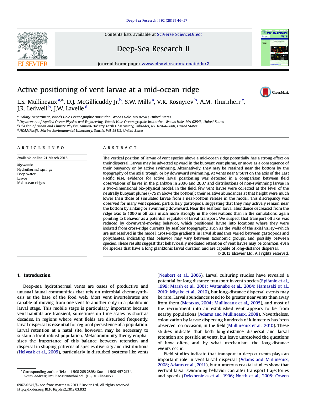 Active positioning of vent larvae at a mid-ocean ridge